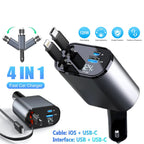 Retractable Car Charger 4 in 1 Fast Car Phone Charger 120W With USB Type C Cable