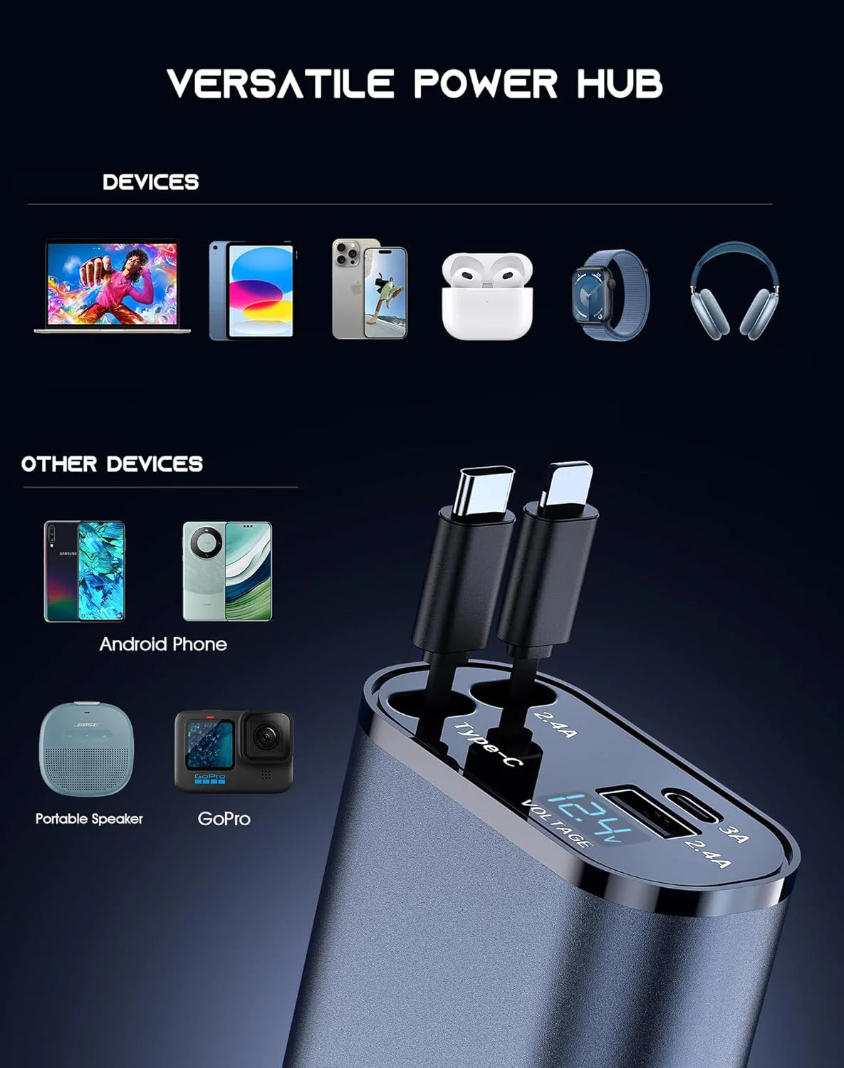 Retractable Car Charger 4 in 1 Fast Car Phone Charger 120W With USB Type C Cable
