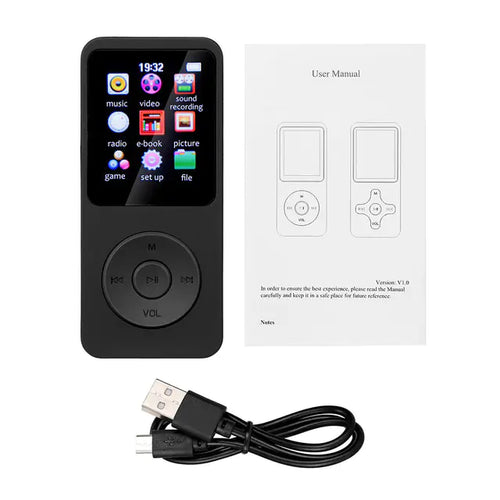 Compact music player with a small colour screen and control buttons, held in one hand