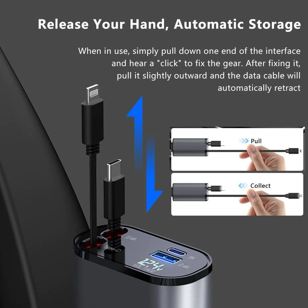 Retractable Car Charger 4 in 1 Fast Car Phone Charger 120W With USB Type C Cable